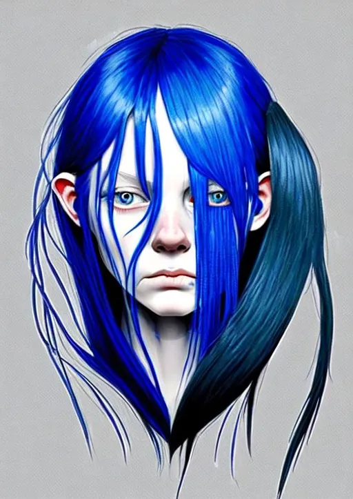 Prompt: deformed, beautiful, mutilated, face cut, head cut, illustration, painting, drawing, art, sketch, long hair, blue hair