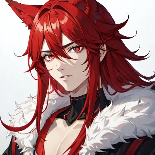 Prompt: Zerif (Red side-swept hair covering his right eye) as a human-wolf hybrid, UHD, 8K