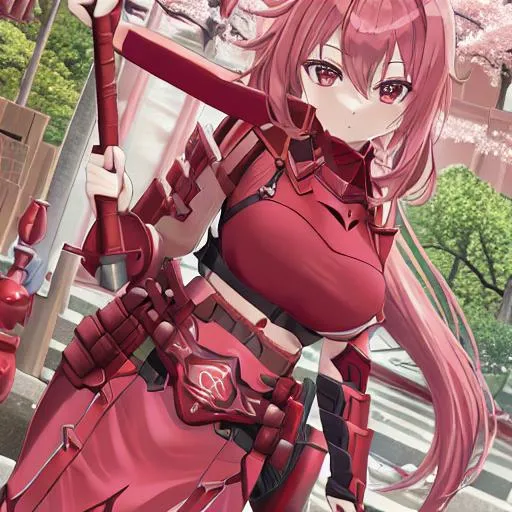 Prompt: Ladie warrior red armour sakura orbe