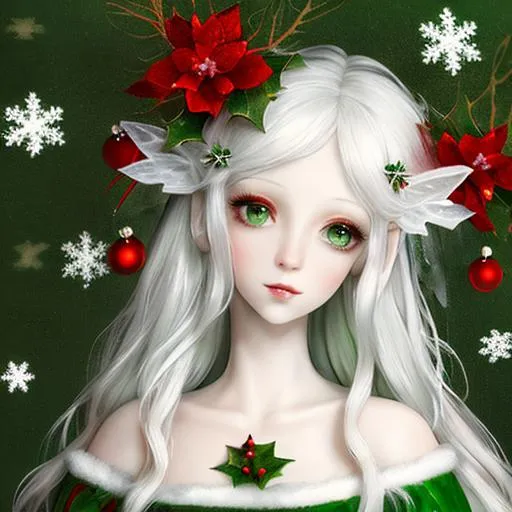 Prompt: pretty, white fairy goddess withred and green, christmas background 
realistic, closeup