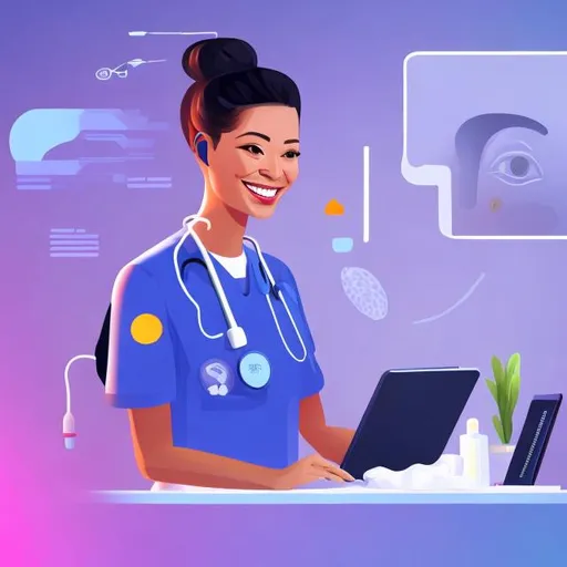 Prompt: smiling veterinary technician, talking on the phone and typing on keyboard, 4k, futurism art style