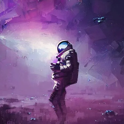 Prompt: sci - fi art, astronaut watching earth from space, purple nebula in the background, art by ismail inceoglu
