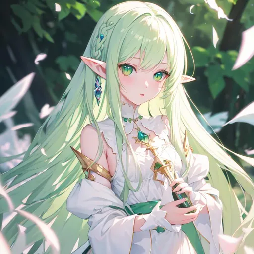 Prompt: (masterpiece, best quality:1.2), illustration, absurdres, highres, extremely detailed, 1 elf girl, white long hair, green eyes, eye highlights, white dress, 
 chromatic aberration abuse, pastel color, Depth of field