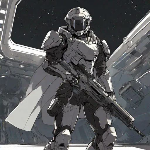 Prompt: Whole body. Full figure. A jovian male soldier in scifi combat armor. He has a full helmet with a scifi visor covering his face. Black armor. Silver details. . In background a space base. Anime art. Rpg. Anime style. Akira art. 2d art. 2d. Well draw face. Detailed. Whole figure. Full body. 