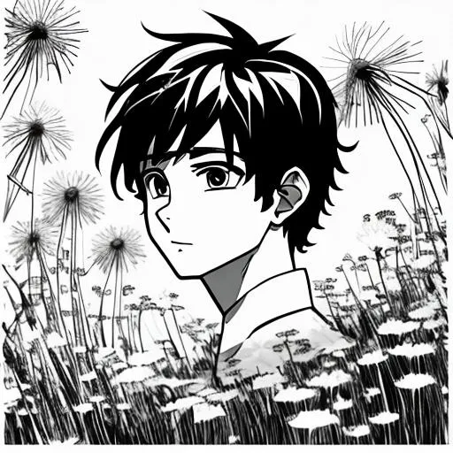 Prompt: Black and white anime profile drawing of a lovely thoughtful man from a distance surrounded by dandelions 