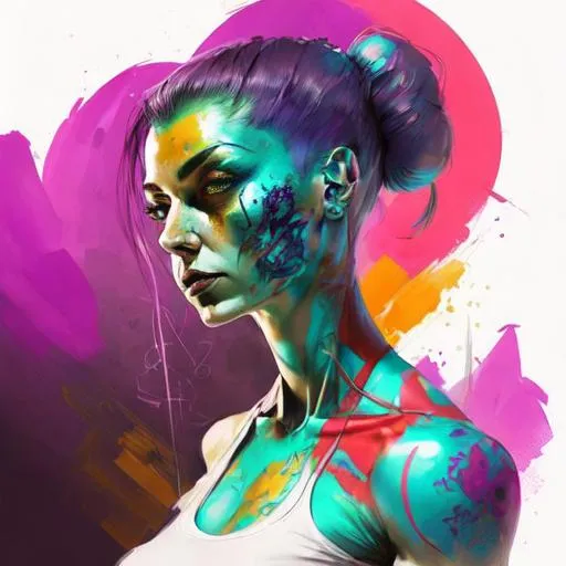 Prompt: Futuristic colorful concept art tattoos on beautifully perfect woman aged in her early 30’s
