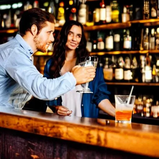 Prompt: A Man sitting in a bar and the bartender girl giving him a drink
