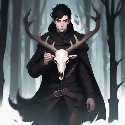 Prompt: dnd a cute and friendly male half-elf warlock with short messy black hair wearing a long black coat holding a deer skull in a dark forest