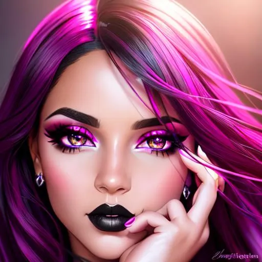 Prompt: Magenta colored eyes, portrait, long shot super detailed lifelike illustration, brown skin lady, black hair, cute face, black lipstick, black eyeshadow, dark aesthetic, realistic face, large realistic eyes, smooth soft skin, soft lighting, perfect ratio, symmetrical face, realistic hands, intricate artwork, highly detailed, perfect composition, sharp focus