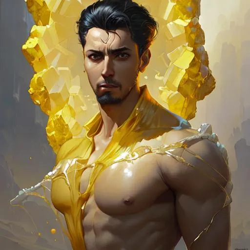 Prompt: a man in yelow crystal geode, by artgerm, alessio albi, fabian perez, pino daeni, karol bak, cushart, wlop, craig mullins, peter mohrbacher, daniel f gerhartz, malcolm liepke