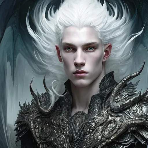 Prompt: white dragon King,young man, beautiful guy with long white platinum hair,  pale skin, black opalescent dragon armor, masculine, hyper realistic, high detail, high contrast, beautiful, volumetric lighting, fantasy, elegant, 16k, realism, art by greg rutkowski, art by tom bagshaw, beautiful painting by daniel f gerhartz