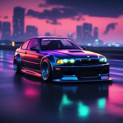 Prompt: 2001 BMW M3 E46 GTR, synthwave, aesthetic cyberpunk, miami, highway, dusk, neon lights, coastal highway, dusk, neon lights, coastal highway, sunset, drift, nurburgring, water on the road, blade runner, 8k