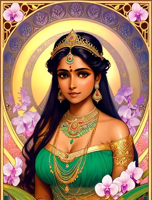 Prompt: Highly detailed indian woman, ethereal, tiara, full art nouveau background, mucha, lots of orchids