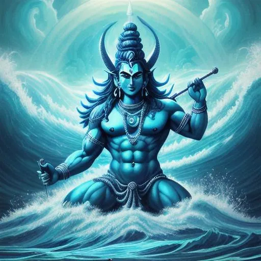 Prompt: Angry gigantic god Shiva breaching raging tsunami waters, gleaming eyes, trishula weapon in right hand, fantasy art 4K, digital HD painting, digital illustration, extreme detail, digital art, ultra hd, vintage photography, beautiful, God aesthetic, retro vintage style, hd photography, hyperrealism, extreme long shot, telephoto lens, motion blur, wide angle lens, deep depth of field, warm, Symmetrical, Good Lighting, Reflective Eyes, HD Render, Unreal Engine Cinematic Smooth, Intricate Detail, Unreal Engine, Destructive, Hindu Aesthetic, video game aesthetic