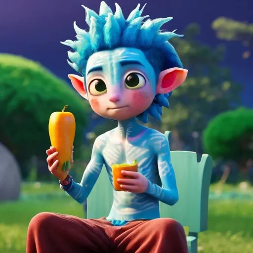 Prompt: A young blue haired boy,  siting on a chair in a park (drinking a veggie smoothie). And then he transformes in a (super cute) avatar god of veggies and fruit (health god)!

