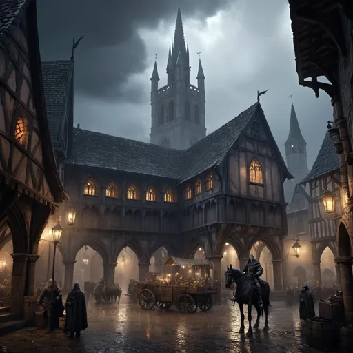 Prompt: Warhammer fantasy RPG style town hall in the middle of a square, medieval architecture, towering spires, weathered stone walls, intricate gothic details, bustling marketplace, high resolution, detailed, dark fantasy, atmospheric lighting, foggy ambiance, gothic, medieval, detailed stonework, bustling, mysterious, ominous lighting, rider on a horse, dark blue tones, rainy, heavy rain