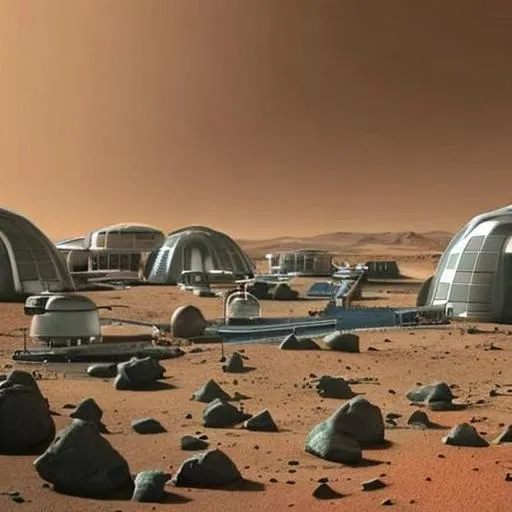Prompt: Create a hyper realistic photo of a mars space colony in the year 2065. Use a real photo of mars and make the colonies in a retro style. This should be in the style of a 1930s sci fi poster.


