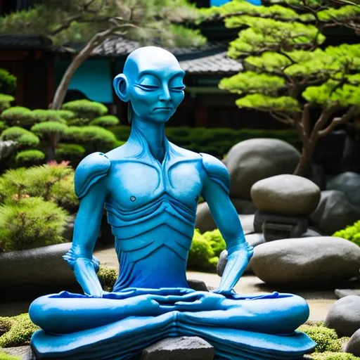 Prompt: Beautiful Alien Man in a Blue Clothes Meditating in a Japanese Garden.