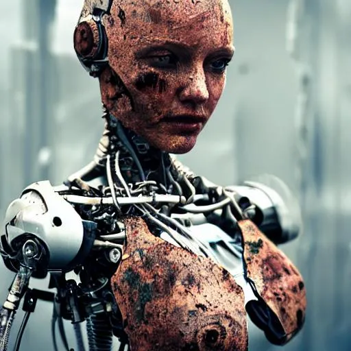 Prompt: Please create a picture of broken cyborg female thrown in the garbage, destroyed, rust, mechanical, wires, photography, detailed skin, realistic, photo-realistic, 8k, highly detailed, full length frame, High detail RAW color art, diffused soft lighting, shallow depth of field, sharp focus, hyperrealism, cinematic lighting