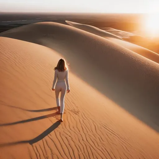 Prompt: young woman walking up high on sand dune in bright sunrise 