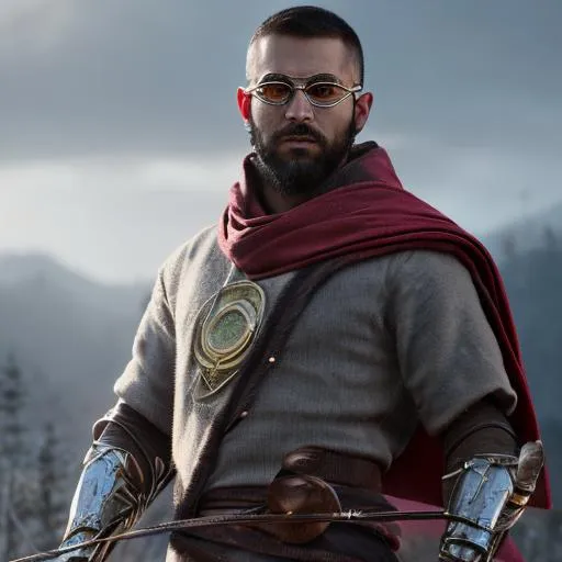 Prompt: Human monk archer, high quality, handsome, muscular, magical robes, handsome face, adventurous, clear, warrior, wooded mountain setting, high detail, archer, magical goggles, high resolution face, intricately crafted , longbow, hooded, intricately detailed cowl