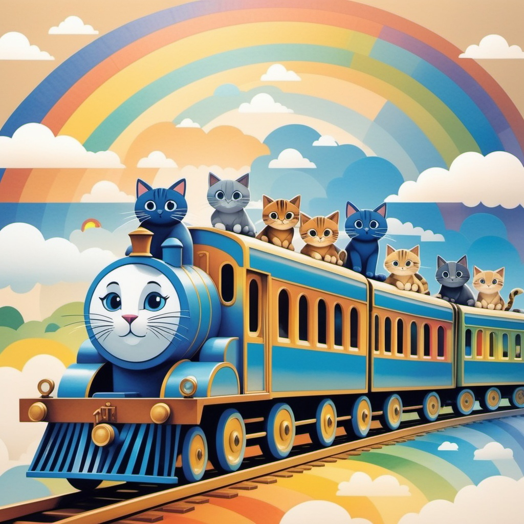 a picture that shows a blue train on rainbow with an