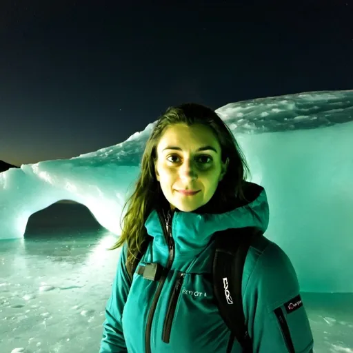 Prompt: 24 year old smiling at the most beautiful ice berg in polar light
