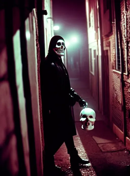 Prompt: Serial killer wearing a skull mask, in a dark alleyway, at night, 80's horror movie.