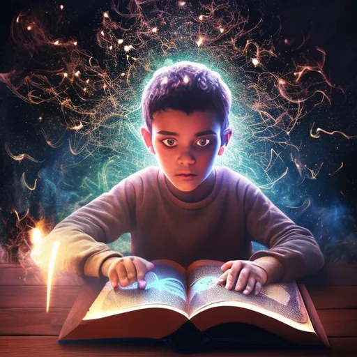 Prompt: Cosmic Epic, Young boy, Facial detail, (symmetrical black eyes, very short black hair, light brown skin), clear facial detail, clear skin detail, activity detail, (sitting cross-legged, reading a book), reading a book with a glowing light. black background wooden table bookshelf. the smoke effect covers the book, the cigarette effect spreads, the colorful particles spread. 8k --ar 3:2 - high resolution and video recording --ar 3:2 --v 5 --upbeta --v 5 -- screen space reflection -- diffraction gradation -- chromatic aberration -- gigabyte displacement - - - - Line Scan - Ambient Occlusion - Anti-Aliasing FKA - TXAA - RTX - SSAO - OpenGL-Shader's - Post-Processing - Post-Generation - Cell Shader - Path Mapping - CGI - VFX - SFX - Insanely Instract Details - - Ultra Max- -Beautiful--Dynamic pose--Photography--Volume--Extra detail--Intricate detail. pose--Photography--Volume--Extra detail--Intricate detail.