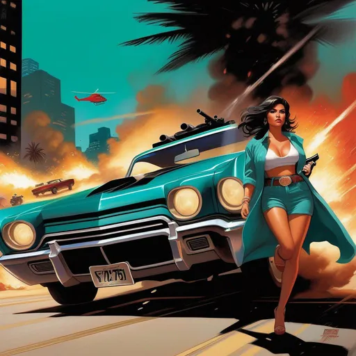 Prompt: GTA cover art, latina woman with guns, explosions, car chase, cartoony, dark teal atmosphere, extremely detailed painting by Greg Rutkowski and by Henry Justice Ford and by Steve Henderson