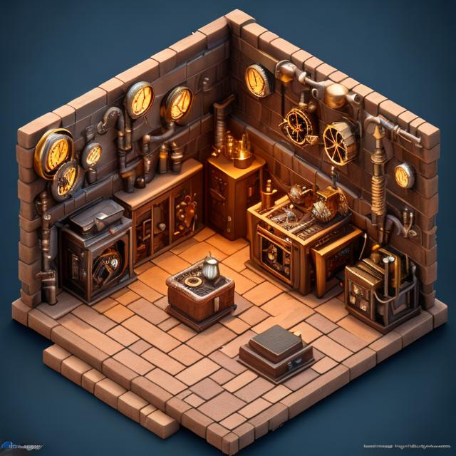 cute isometric steampunk forge and anvil in middle,...