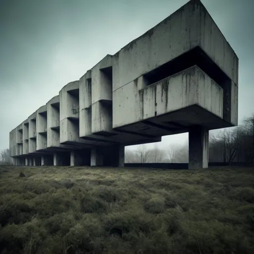 Prompt: a large brutalist architecture, creepy, unsettling, macabre, wide angle, empty, reclaimed by nature, concept of physics do not apply, 