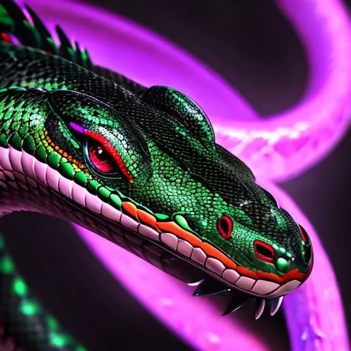 Prompt: a face shot of a twelve-foot snake with black and green markings and red eyes purple aura and a dragon-like face, very glossy and shiny, reflective, perfect composition, hyperrealistic, super detailed, 8k, high quality, trending art, trending on artstation, sharp focus, studio photo, intricate details, highly detailed, Trending on Artstation, Cozy wallpaper, Pastel colors, soft lighting