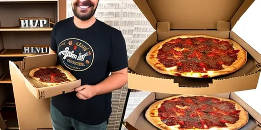 Prompt: a man holding A large size 24 slices of a hole pizza inside a box which is written "Naples Pizza" on and side of that box