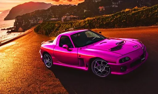 Prompt: pink mazda rx7 fd driving at sunset in amalfi coast aesthetic realistic 4k photo real life