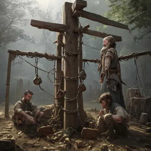 Prompt: Prisoners shackled to a wooden post, highly detailed, d & d, fantasy, highly detailed, digital painting, trending on artstation, sharp focus, illustration, global illumination, ray tracing,  art by artgerm and greg rutkowski and fuji choko and viktoria gavrilenko and hoang lap

