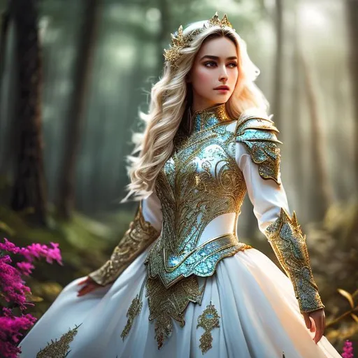Prompt: create hig quality photograph of  beautiful  female  princes with white armor, explosion in forest as background, extremely detailed face, extremely detailed environment, extremely detailed background, intricate, extremely detailed skin, natural colors , professionally color graded, photorealism, 8k, realistic, moody lighting, ambience lighting