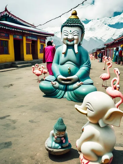 Prompt: Finding the baby buddha waiting at a Tibetan train station in the north himalayans. Elephants and angelic birds dance the Spanish flamingo.