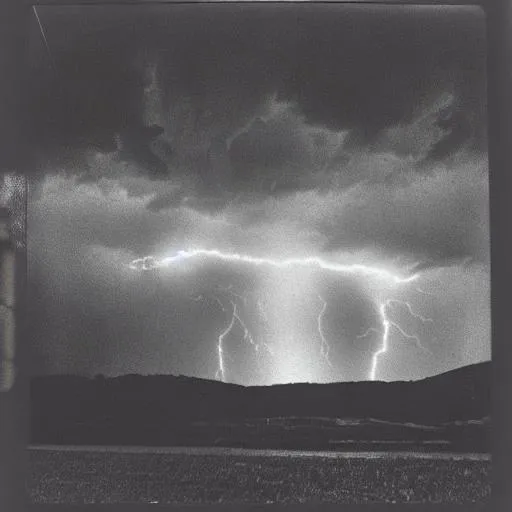 analog polaroid of dark thunderclouds, bright lightn...