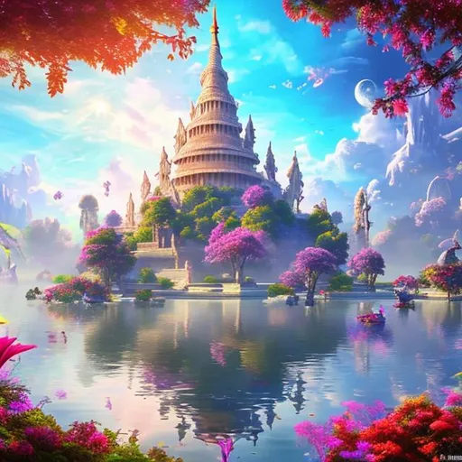 Prompt: A break taking image of a very beautiful view of the temple of the dream realm floating in the sunny sky fantasy colourful beautiful 
