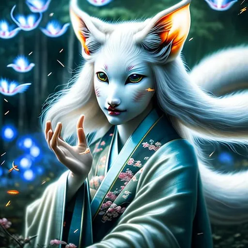 Prompt:  kitsune with vivid blue eyes that glow, long flowing white hair, decadent silk kimono in a field surrounded by fireflies Hyperrealistic uhd