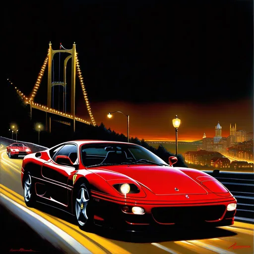 Prompt: Ferrari Maranello 1998, car chase, cops, Pittsburgh at night, warm atmosphere, extremely detailed painting by Greg Rutkowski and by Henry Justice Ford and by Steve Henderson.