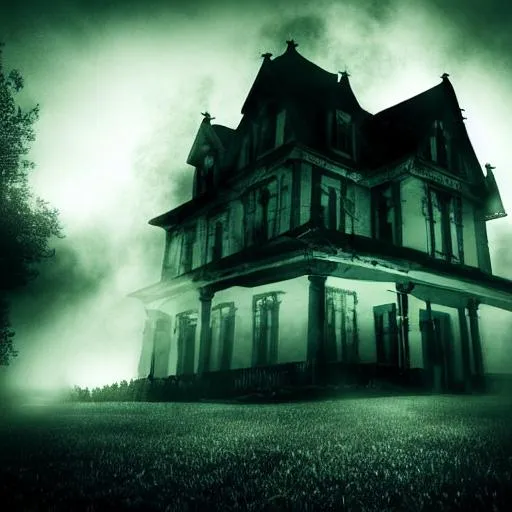 Prompt: haunted house, scary, night, black, dark, fog