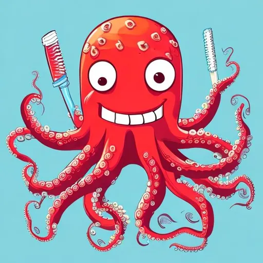 Prompt: A colorful cartoon like red octopus Holding a big white toothbrush in his hand and brushing his teeth and smiling cheerfully 