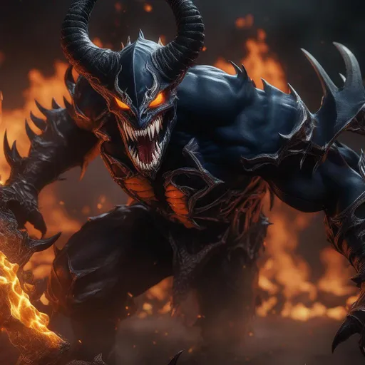 Prompt: a death knight with a Venom mouth (Venom movie), with horns forward on his forehead, orange fire eyes, eating meat, FULL BODY, Hyperrealistic, sharp focus, Professional, UHD, HDR, 8K, Render, electronic, dramatic, vivid, pressure, stress, nervous vibe, loud, tension, traumatic, dark, cataclysmic, violent, fighting, Epic