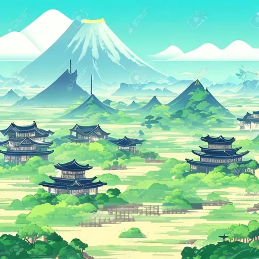 Prompt: plains with asian feudal japanese towers
cartoon anime style background 