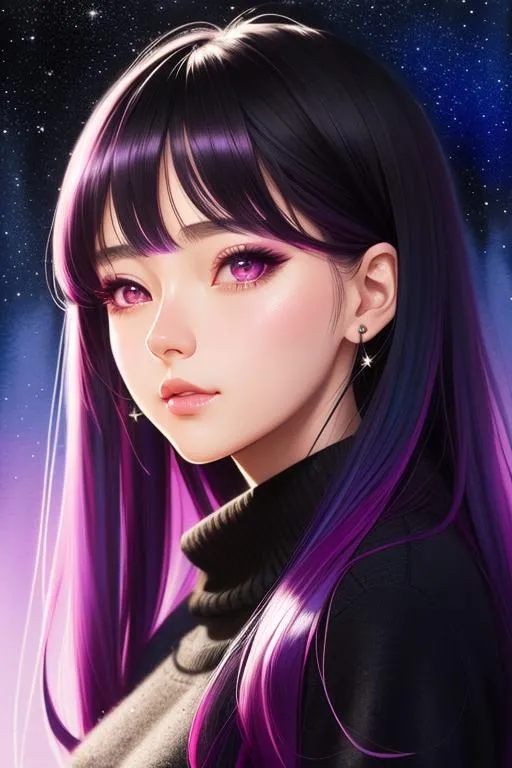 Prompt: Modern girl, hyper realistic watercolor masterpiece, 

Black sweater, beautiful, pretty, kawaii anime girl with dark magenta color hair, starry night background

hyperrealistic watercolor masterpiece, smooth soft skin, big dreamy eyes, beautiful fluffy volume hair, symmetrical, anime wide eyes, soft lighting, detailed face, wlop, rossdraws, concept art, digital painting, looking into camera

hyper realistic masterpiece, highly contrast water color pastel mix, sharp focus, digital painting, pastel mix art, digital art, clean art, professional, contrast color, contrast, colorful, rich deep color, studio lighting, dynamic light, deliberate, concept art, highly contrast light, strong back light, hyper detailed, super detailed, render, CGI winning award, hyper realistic, ultra realistic, UHD, HDR, 64K, RPG, inspired by wlop, UHD render, HDR render
