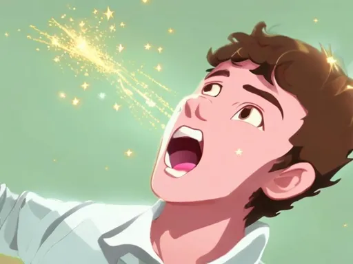 Prompt: 16 year old boy in a polo scared and surprised at a gold sparkly a magic spell flying straight at him