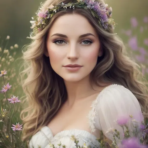 Prompt: Anne Bolelyn as a fairy goddess, ethereal beauty, soft light,surrounded by wildflowers, closeup