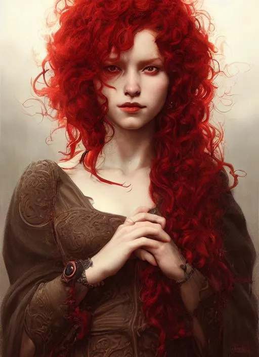 Prompt: Portrait of a witch with red, curly hair and with cute face, perfect composition, hyperrealistic, super detailed, 8k, high quality, trending art, trending on artstation, sharp focus, studio photo, intricate details, highly detailed, by greg rutkowski